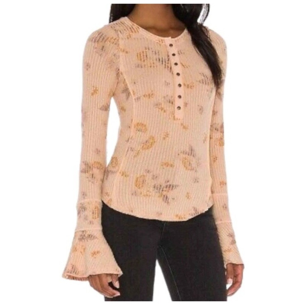 Free People Layer Me Henley Top Button Bell Sleeve Rib Peach Floral Small Fairy